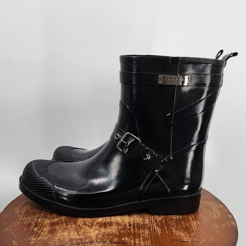 Coach Lester Shiny Rubber Round Toe Synthetic Black Rain Boot Size 9 - Picture 1 of 9
